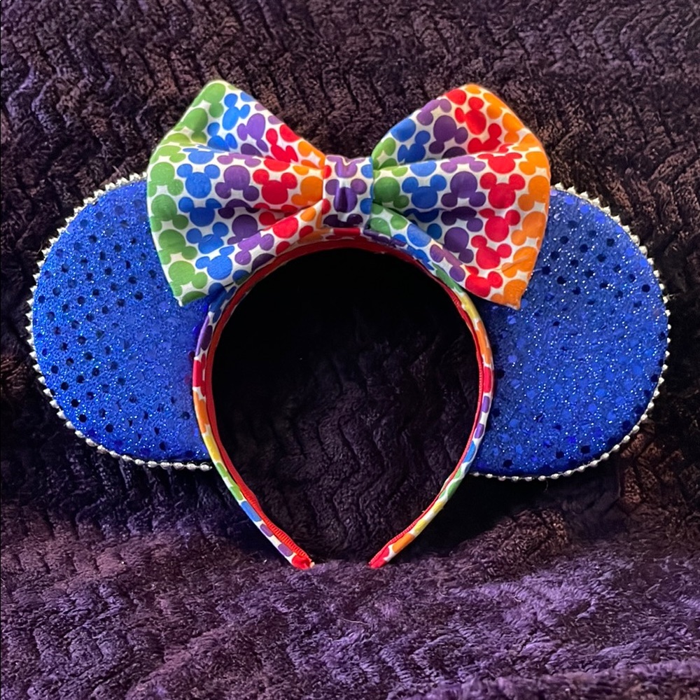 Custom homemade Blue Sequin Ears with Rainbow Bow